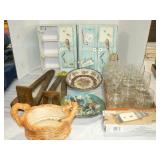 GLASSWARE, 2 CARDBOARD DISPLAY CLOSETS, WOODEN GLASSWARE, 2 CARDBOARD DISPLAY CLOSETS, WOODEN