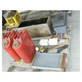 PALLET WITH 2 RED METAL GAS CANS, METAL STORAGE PALLET WITH 2 RED METAL GAS CANS, METAL STORAGE