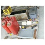 PALLET WITH 2 RED METAL GAS CANS, METAL STORAGE