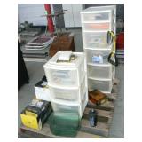 PALLET WITH STERILITE STORAGE DRAWERS, TATER BIN,