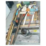 PALLET WITH WATER SKIIS, TIKI TORCHES, METAL PALLET WITH WATER SKIIS, TIKI TORCHES, METAL