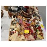 FLAT W/ DOLLS OF ALL KINDS, BASKET, STACK OF