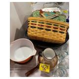 PYREX CASSEROLE DISH, BASKET, GRANITEWARE