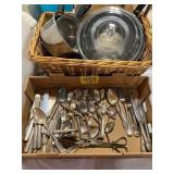 SET OF SILVERPLATE FLATWARE, POTS & PANS, SERVING