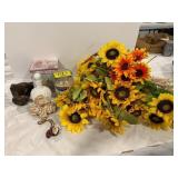MILK GLASS PERFUME BOTTLE, ARTIFICIAL FLOWERS,