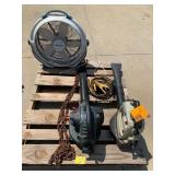 PALLET W/ LEAF BLOWERS, METAL TOW CHAIN, WIND