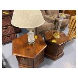 2 WOODEN HEXAGON ACCENT CABINETS, 2 LAMPS
