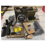 SLIM EAR MUFFS, PLASTIC AMMO CAN, GUN CLIPS