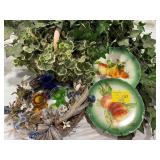 FRUIT THEMED ANTIQUE PLATES, ARTIFICIAL IVY,