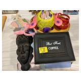 CARVED WOOD TRIBAL MASK, COFFEE WOODEN SIGN,