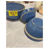 PAIR OF BLUE RUFFLED CROCK MIXING BOWLS, LARGE