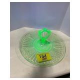 GREEN URANIUM GLASS CAKE SERVER