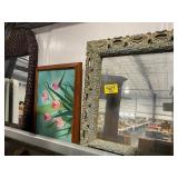 WICKER FRAME WALL MIRROR, OIL ON CANVAS SIGNED