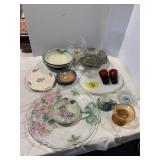 RUBY RED GLASS CUPS, HAND PAINTED CHINA, PRESSED