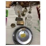 ETCHED STEMWARE, CRYSTAL CANDY DISH, BRASS