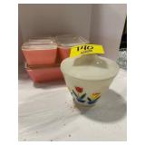 PINK PYREX CASSEROLE DISHES, FIRE KING TULIP JAR
