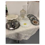 SILVERPLATE TRAY, MILK GLASS TRAY, BICENTENNIAL