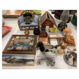 DOG FIGURINES, SKELETON KEYS, OIL LAMP, DOG