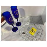 PAIR OF COBALT BLUE GLASS, BUTTER DISH BASE,