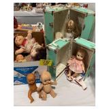 BOX OF DOLLS, 2 STORAGE CASES W/ DOLL CLOTHES &