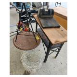 OUTSIDE TABLE, TRIPOD, WIRE EDGING, SHELVING,