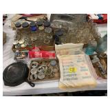 UNMARKED CAST IRON SKILLET, CANNING JARS OF ALL