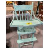BLUE PAINTED ANTIQUE WOODEN HIGH CHAIR, SNOWMAN