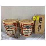 PAIR OF WAXED BUDWEISER BUCKETS, MICHELOB BEER