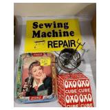 ENAMEL OXO CUBE SIGN, METAL COKE TRAY, SEWING