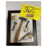 SHOWCASE W/ MINI HAND TOOLS, CHARMS, ANTIQUE