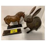 11' TALL ETCHED BRASS RABBIT, CARVED WOOD HORSE