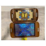2 REAL BUTTERFLY WING WOODEN TRAYS