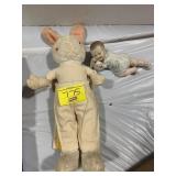 PORCELAIN BABY W/ CAT, ANTIQUE PLUSH BUNNY RABBIT