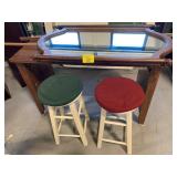 PRESSED WOOD BAR, PAIR OF WHITE STOOLS, DRESSER