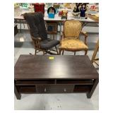 CARVED WOOD ACCENT CHAIR, PRESSED WOOD TV STAND,