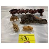 GROUP OF ASIAN CARVED WOOD ANIMALS, WOODEN STAND,