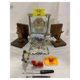 CARVED WOOD BOOKEND, DANBURY CLOCK, OSCAR MEYER