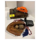 VW BUG, ANTIQUE BASEBALL GLOVE & BALL, ALARM