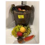 ANTIQUE WOODEN WATER BUCKET & GROUP OF ARTIFICIAL