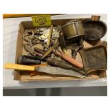 FLAT W/ ANTIQUE BOTTLE OPENERS, ASHTRAYS, PENCIL