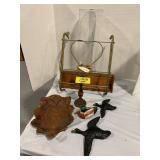 DUCK FIGURINE & CHALKWARE PLAQUE SET, WOODEN