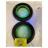 2 GLOWING GREEN GLASS TIRE ASHTRAYS