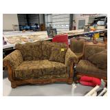 ORNATELY CARVED WOOD LOVESEAT & PAIR OF MATCHING
