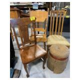 3 WOODEN ACCENT CHAIRS, UPHOLSTERED OTTOMAN STOOL