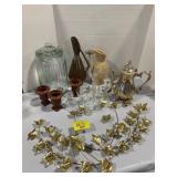 BRASS LEAF WALL Dï¿½COR, SILVERPLATE TEAPOT,