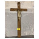 39' TALL ANTIQUE WOOD CROSS W/ PAINTED METAL