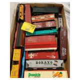 FLAT OF VINTAGE PLASTIC TRAIN CARS OF ALL KINDS
