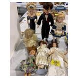 6 PORCELAIN DOLLS, VINTAGE PLASTIC DOLL