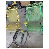 2 PAINTED METAL OUTDOOR CHAIRS, 2 GLASS-TOP END