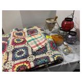 AFGHAN, CANDLE LANTERNS, SIFTER, ART GLASS BOWL,